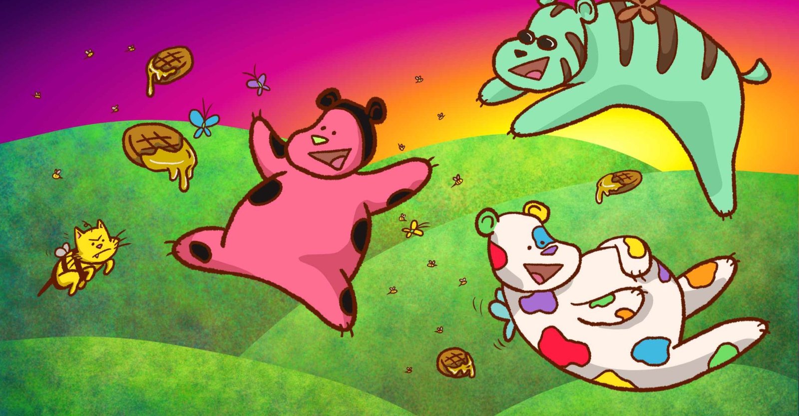 A colourful landscape is in the background while three butterfly bears, a bee cat, honeybees, and honey waffles fly in the foreground